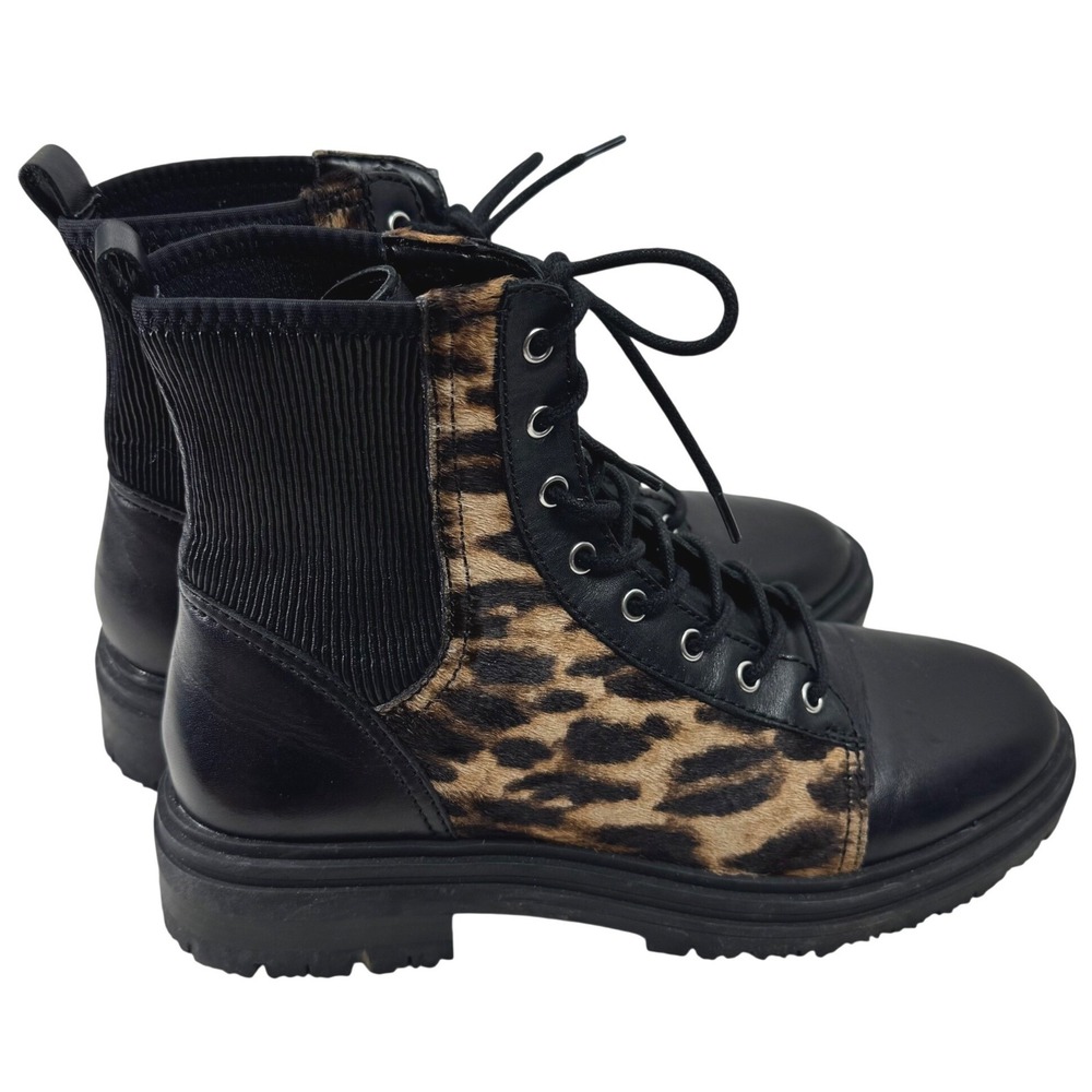 Vince Camuto Bestenda Combat Boots Womens 8.5 Black Leopard Cow Hair Goth Grunge